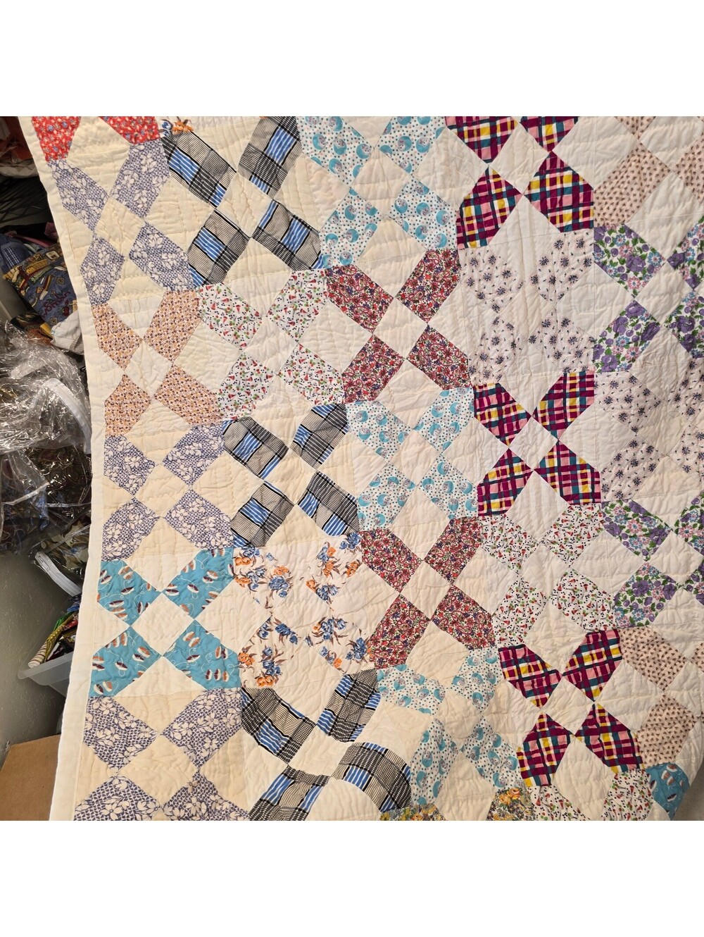 Q51 Vintage Handmade x cross Quilt with Colorful Floral Plaid Patterns